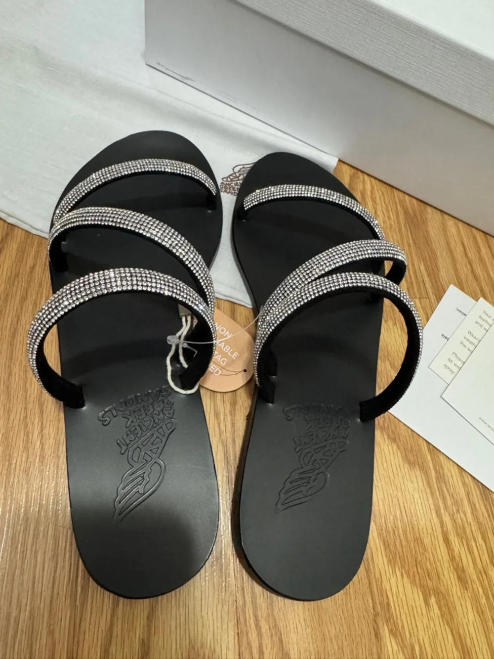 Ancient Greek Sandals Black Rhinestone Triple-Strap Slide Sandals EU37